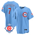 Johmsee C.Cubs #7 Dansby Swanson Player Light Blue 150th Anniversary Home Game Stitched Jerseys