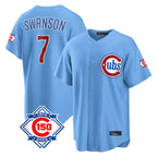 Johmsee C.Cubs #7 Dansby Swanson Player Light Blue 150th Anniversary Home Game Stitched Jerseys