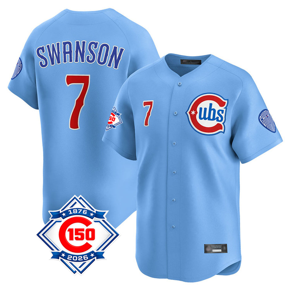 Johmsee C.Cubs #7 Dansby Swanson Player Light Blue 150th Anniversary Limited Home Stitched Jerseys