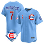 Johmsee C.Cubs #7 Dansby Swanson Player Light Blue 150th Anniversary Limited Home Stitched Jerseys
