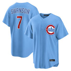 Johmsee C.Cubs #7 Dansby Swanson Player Light Blue Home Game Stitched Jerseys