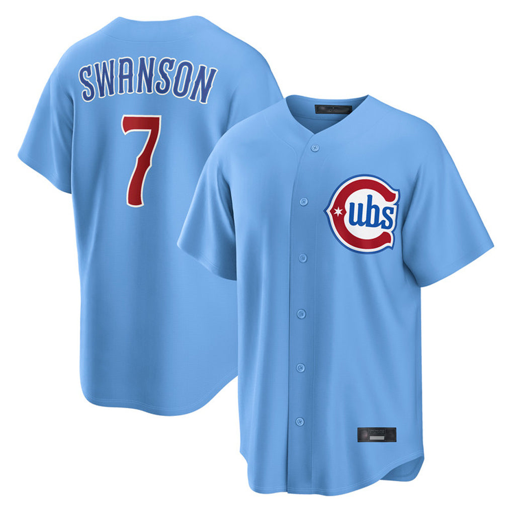Johmsee C.Cubs #7 Dansby Swanson Player Light Blue Home Game Stitched Jerseys