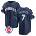 Johmsee C.Cubs #7 Dansby Swanson Player Navy 150th Anniversary City Connect Home Game Stitched Jerseys