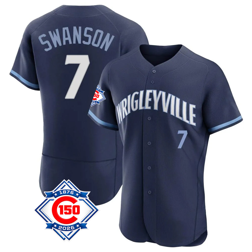 Johmsee C.Cubs #7 Dansby Swanson Player Navy City Connect 150th Anniversary Limited Elite Home Stitched Jerseys
