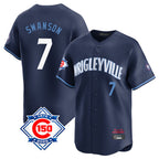 Johmsee C.Cubs #7 Dansby Swanson Player Navy City Connect 150th Anniversary Limited Home Stitched Jerseys