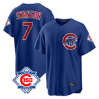 Johmsee C.Cubs #7 Dansby Swanson Player Royal 150th Anniversary Home Game Stitched Jerseys