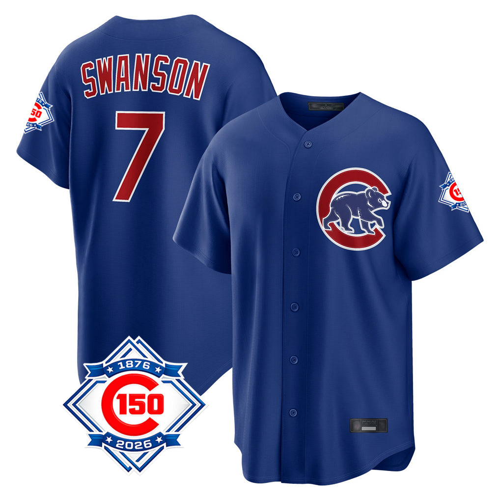 Johmsee C.Cubs #7 Dansby Swanson Player Royal 150th Anniversary Home Game Stitched Jerseys