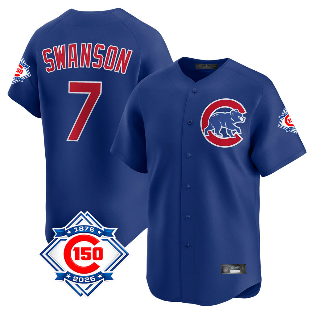 Johmsee C.Cubs #7 Dansby Swanson Player Royal 150th Anniversary Limited Home Stitched Jerseys