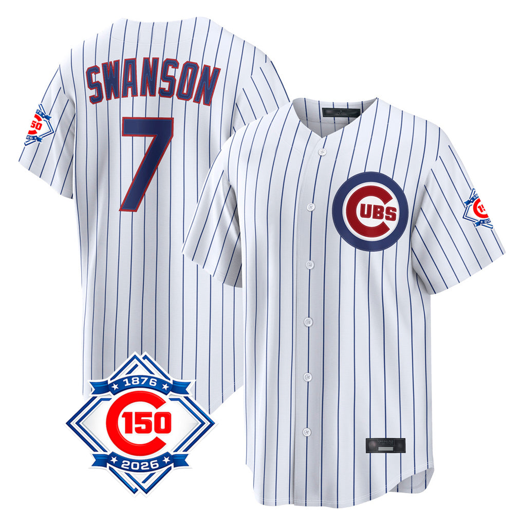 Johmsee C.Cubs #7 Dansby Swanson Player White 150th Anniversary Game Home Stitched Jerseys