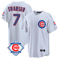 Johmsee C.Cubs #7 Dansby Swanson Player White 150th Anniversary Home Game Stitched Jerseys