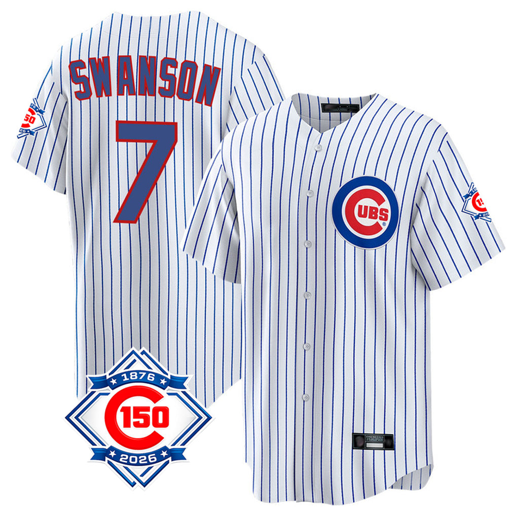 Johmsee C.Cubs #7 Dansby Swanson Player White 150th Anniversary Home Game Stitched Jerseys