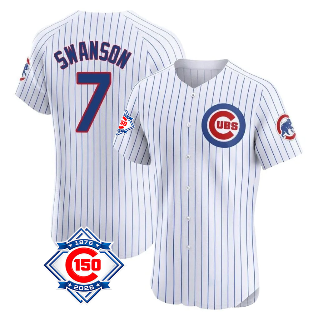 Johmsee C.Cubs #7 Dansby Swanson Player White 150th Anniversary Limited Elite Home Game Stitched Jerseys
