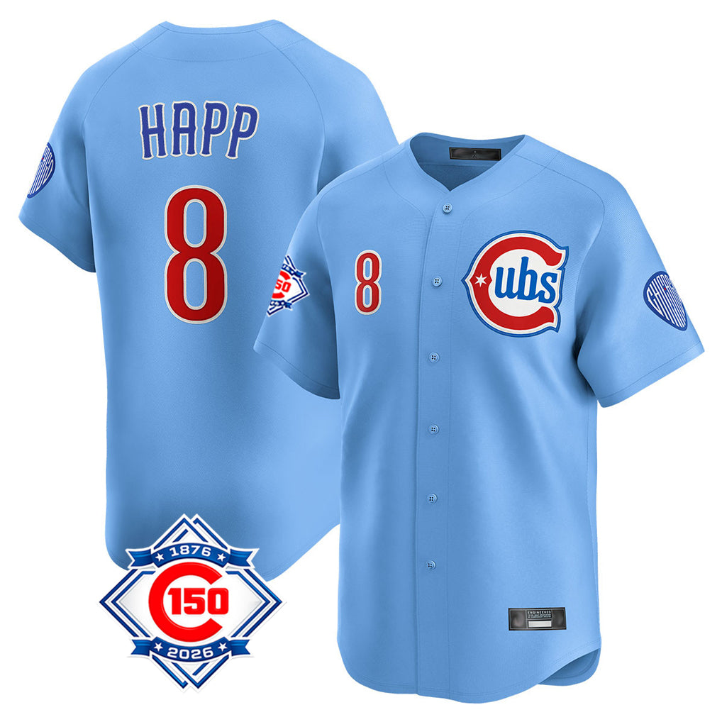 Johmsee C.Cubs #8 Ian Happ Player Light Blue 150th Anniversary Limited Home Stitched Jerseys