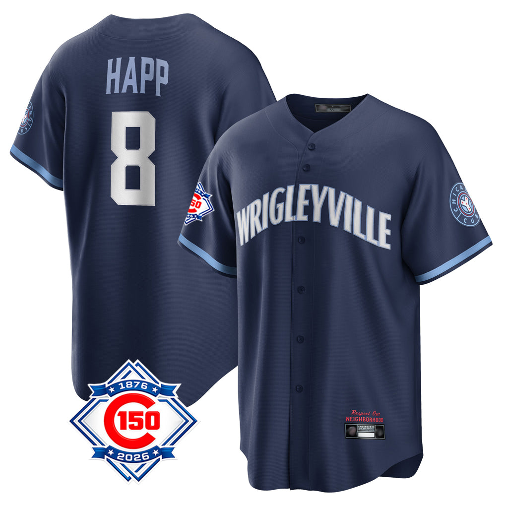 Johmsee C.Cubs #8 Ian Happ Player Navy 150th Anniversary City Connect Home Game Stitched Jerseys