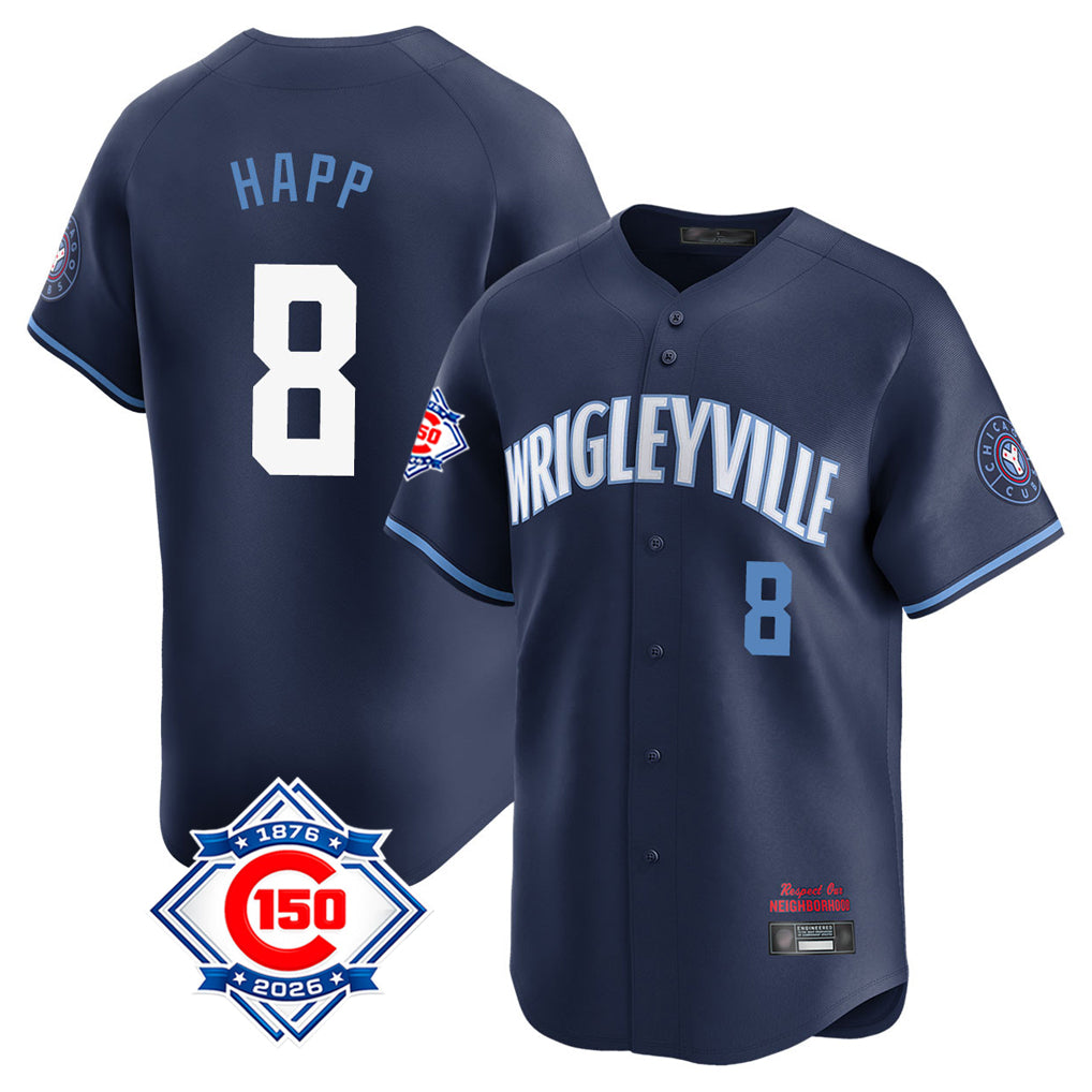 Johmsee C.Cubs #8 Ian Happ Player Navy City Connect 150th Anniversary Limited Home Stitched Jerseys