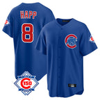 Johmsee C.Cubs #8 Ian Happ Player Royal 150th Anniversary Home Game Stitched Jerseys