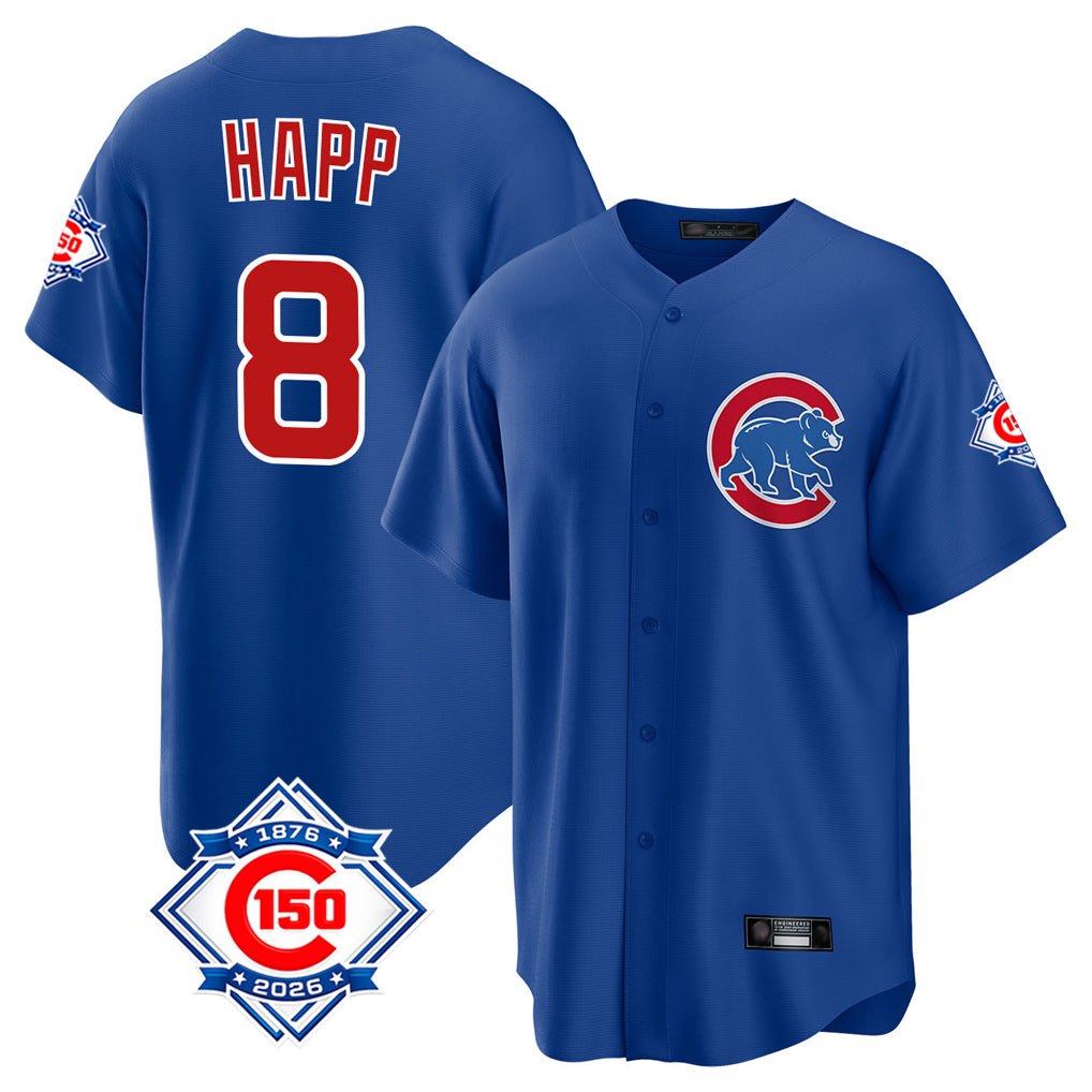 Johmsee C.Cubs #8 Ian Happ Player Royal 150th Anniversary Home Game Stitched Jerseys