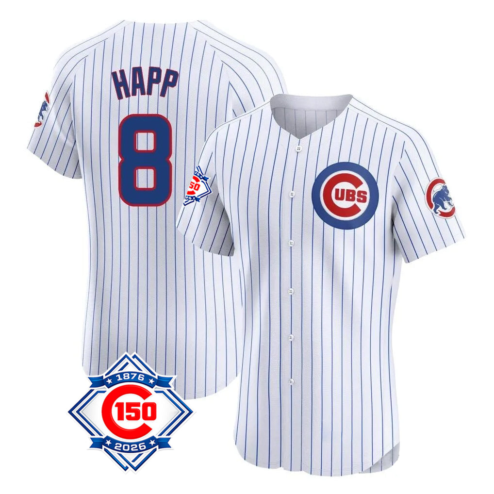 Johmsee C.Cubs #8 Ian Happ Player White 150th Anniversary Limited Elite Home Game Stitched Jerseys