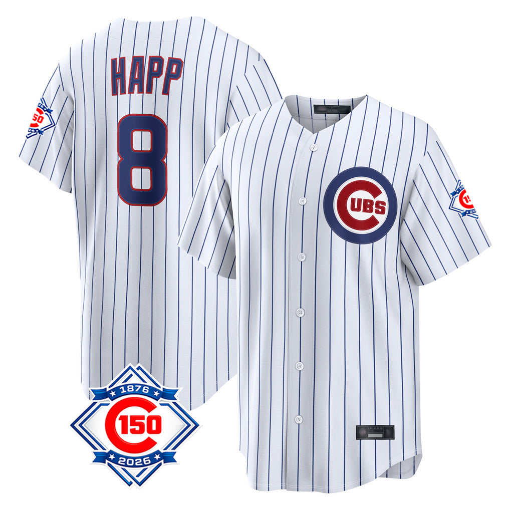 Johmsee C.Cubs #8 Ian Happ Player White 150th Anniversary Limited Home Game Stitched Jerseys