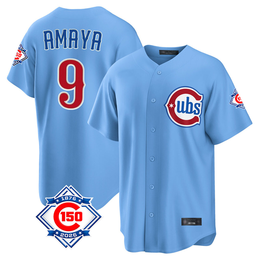 Johmsee C.Cubs #9 Miguel Amaya Player Light Blue 150th Anniversary Home Game Stitched Jerseys