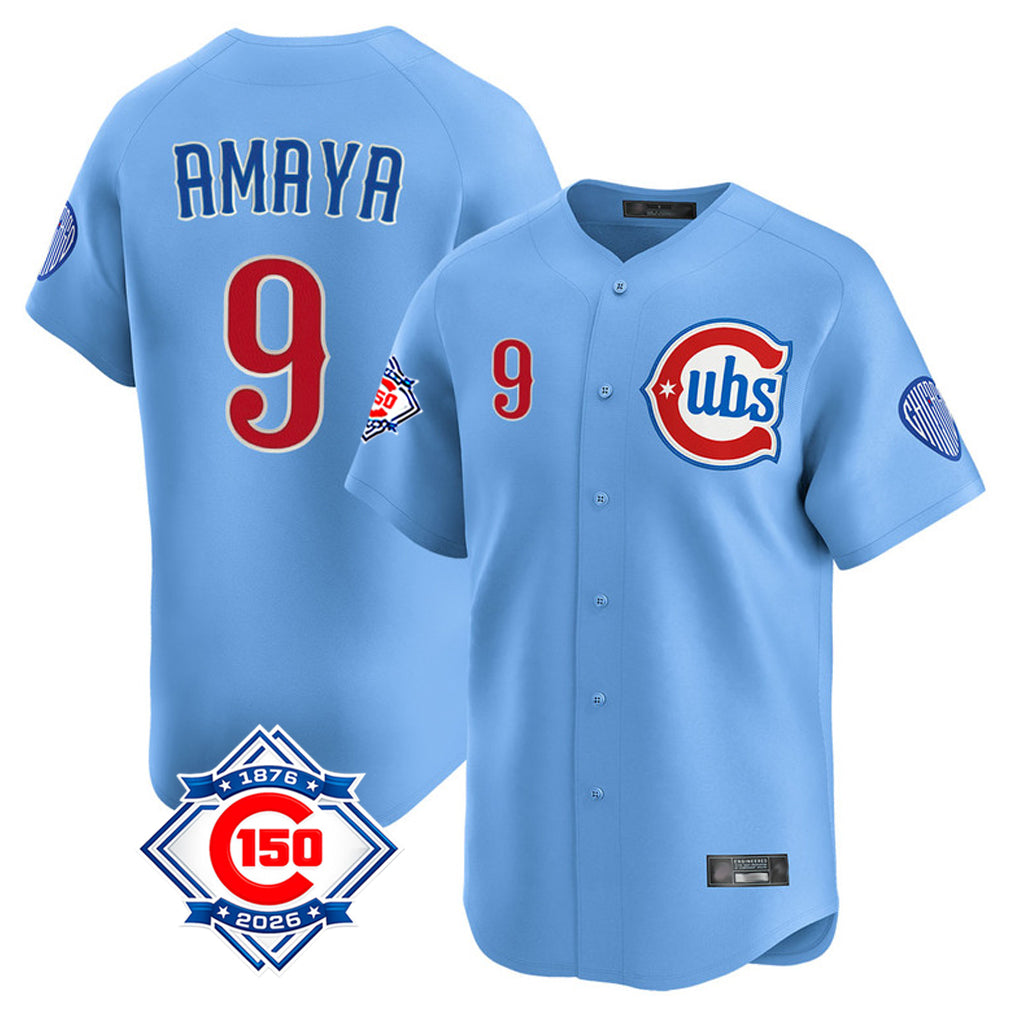 Johmsee C.Cubs #9 Miguel Amaya Player Light Blue 150th Anniversary Limited Home Stitched Jerseys