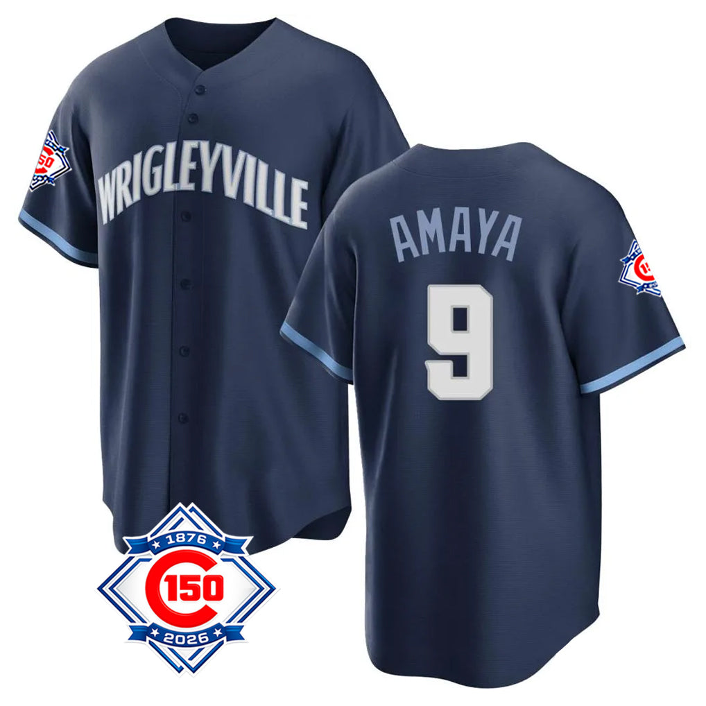 Johmsee C.Cubs #9 Miguel Amaya Player Navy 150th Anniversary City Connect Home Game Stitched Jerseys