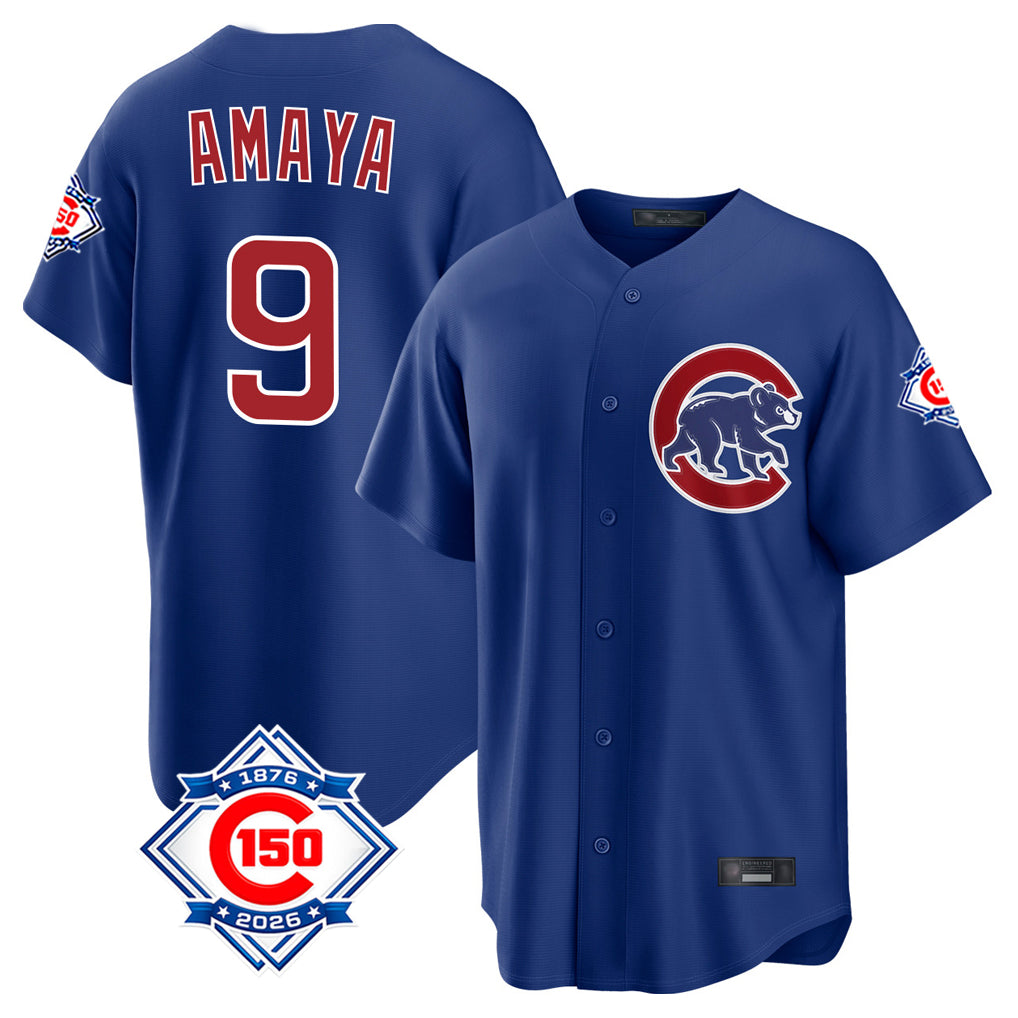 Johmsee C.Cubs #9 Miguel Amaya Player Royal 150th Anniversary Home Game Stitched Jerseys