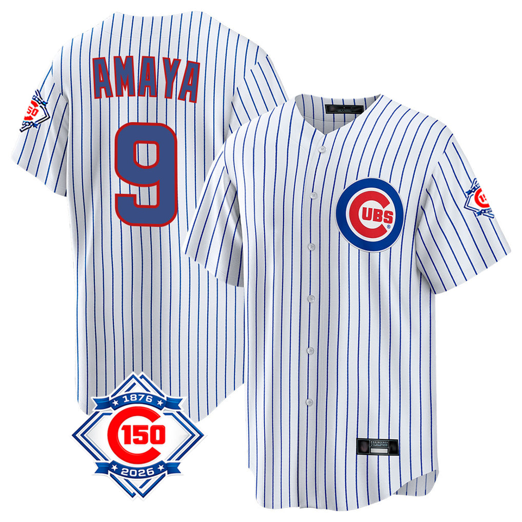Johmsee C.Cubs #9 Miguel Amaya Player White 150th Anniversary Home Game Stitched Jerseys