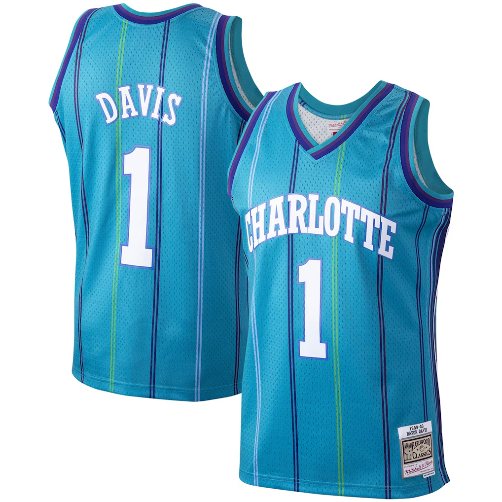 Johmsee C.Hornets #1 Baron Davis Mitchell & Ness Teal 199900 Hardwood Classics Swingman Jerseys