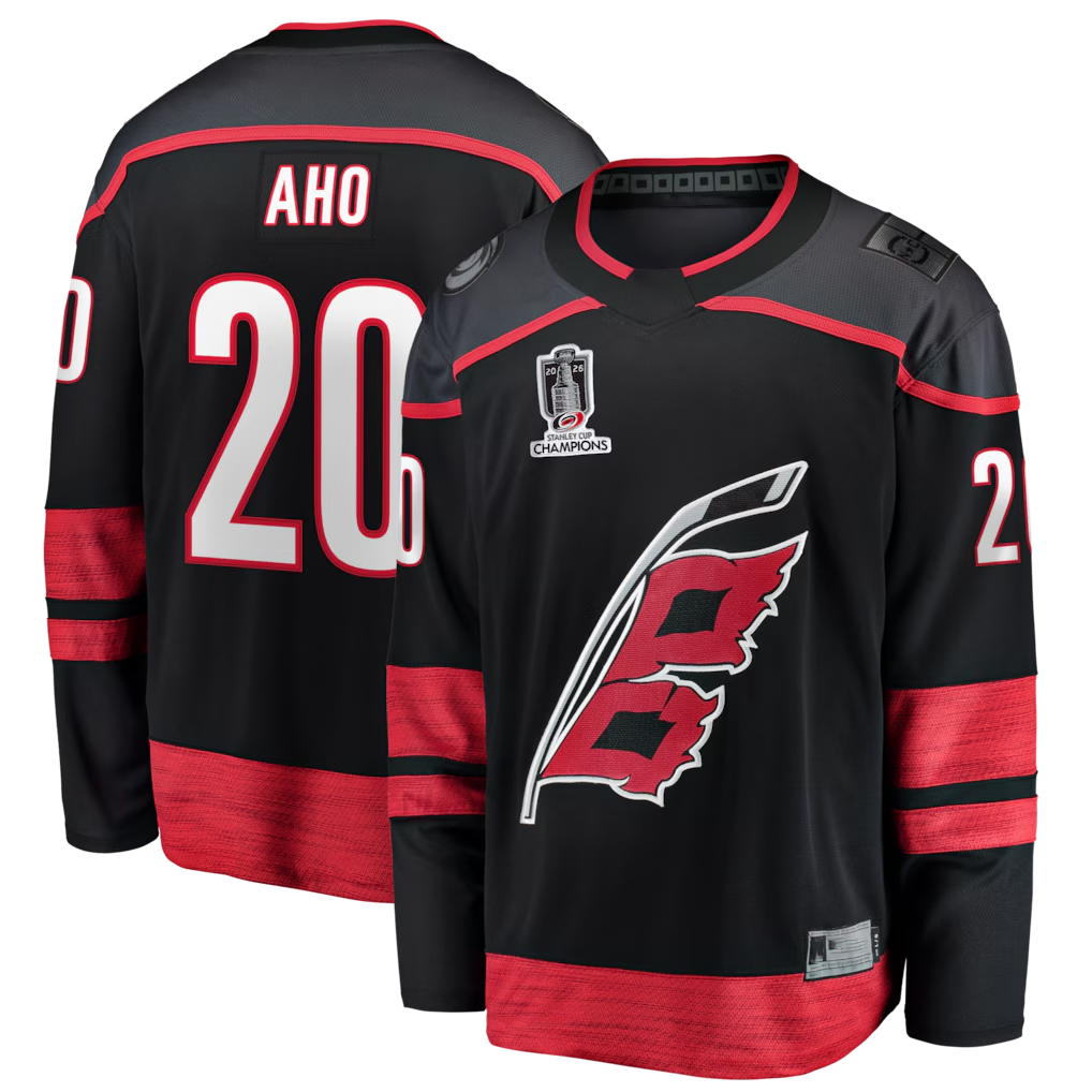 Johmsee C.Hurricanes #20 Sebastian Aho Black 2026 Stanley Cup Champions Home Breakaway Stitched Jerseys