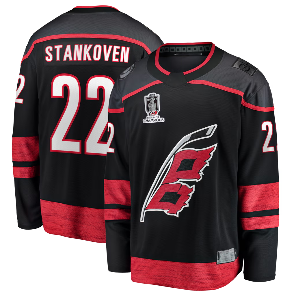 Johmsee C.Hurricanes #22 Logan Stankoven Black 2026 Stanley Cup Champions Home Breakaway Stitched Jerseys