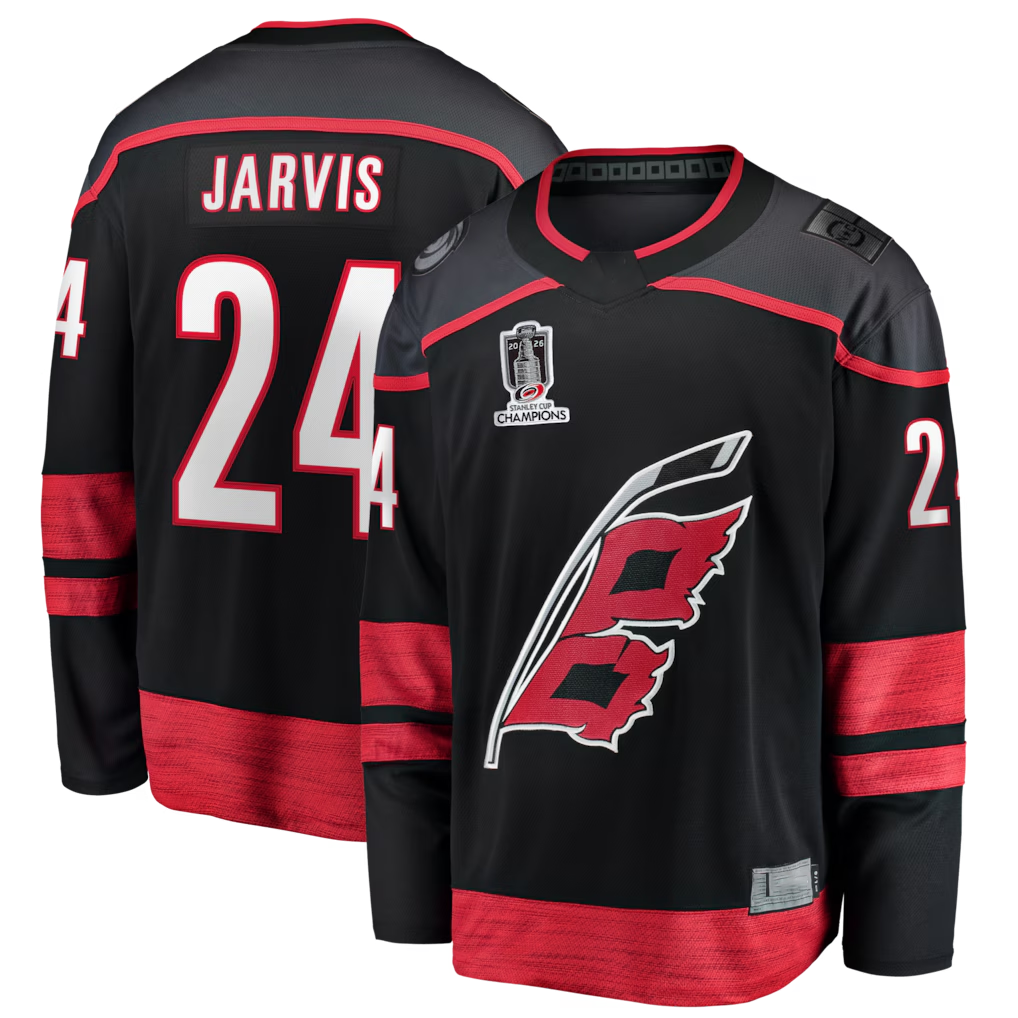 Johmsee C.Hurricanes #24 Seth Jarvis Black 2026 Stanley Cup Champions Home Breakaway Stitched Jerseys
