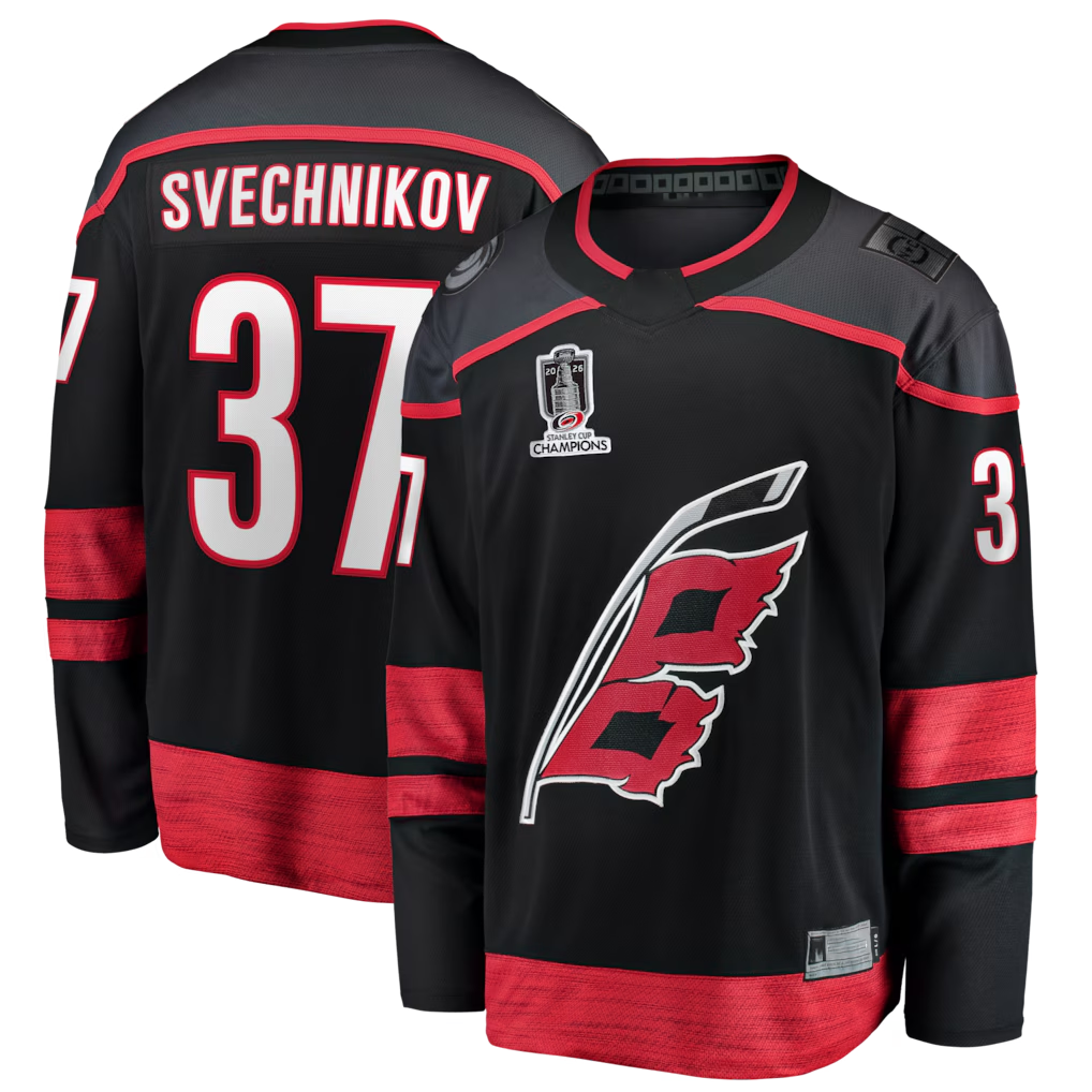 Johmsee C.Hurricanes #37 Andrei Svechnikov Black 2026 Stanley Cup Champions Home Breakaway Stitched Jerseys