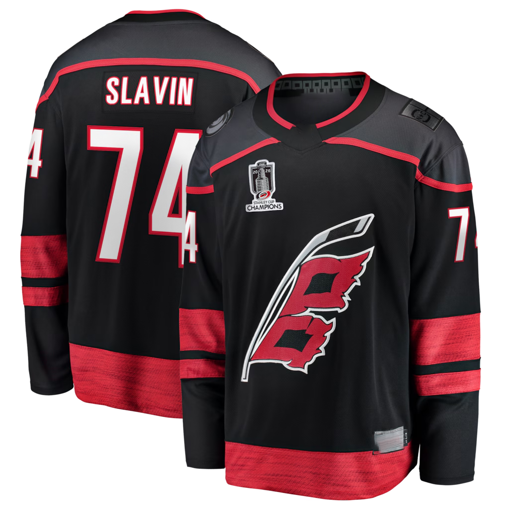 Johmsee C.Hurricanes #74 Jaccob Slavin Black 2026 Stanley Cup Champions Home Breakaway Stitched Jerseys