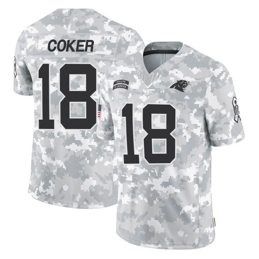 Johmsee C.Panthers #18 Jalen Coker Player Arctic Camo Salute to Service Limited Game Stitched Jerseys