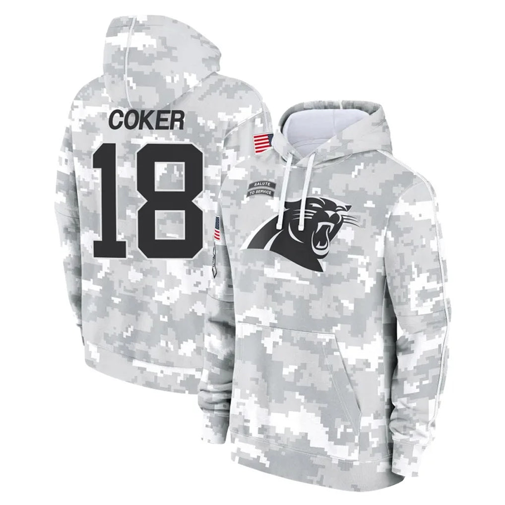 Johmsee C.Panthers #18 Jalen Coker Player Arctic Camo Salute to Service Pullover Hoodies Limited Game Stitched Jerseys