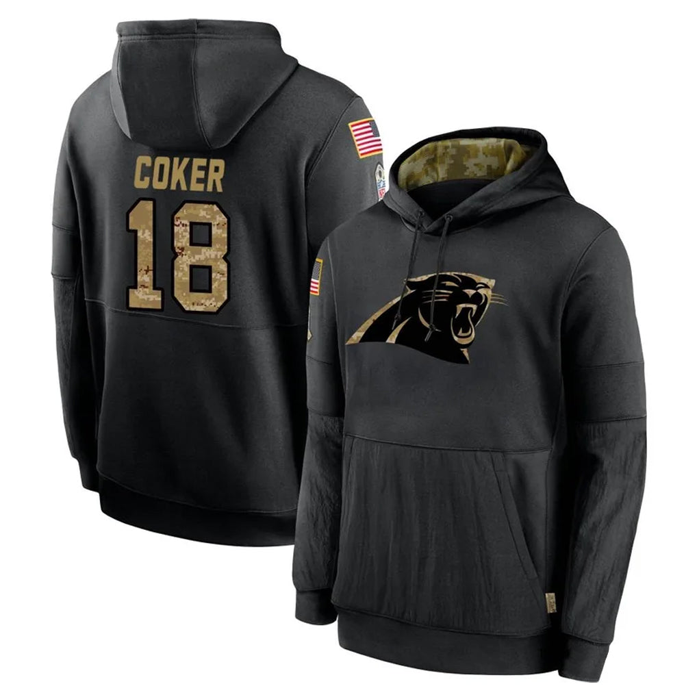Johmsee C.Panthers #18 Jalen Coker Player Black Salute to Service Pullover Hoodies Limited Game Stitched Jerseys