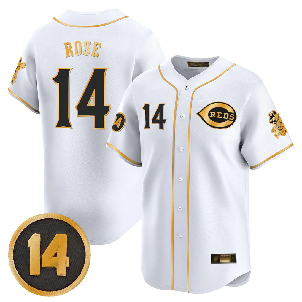 Johmsee C.Reds #14 Pete Rose Player White-Gold Vapor Premier Limited Home Stitched Jerseys