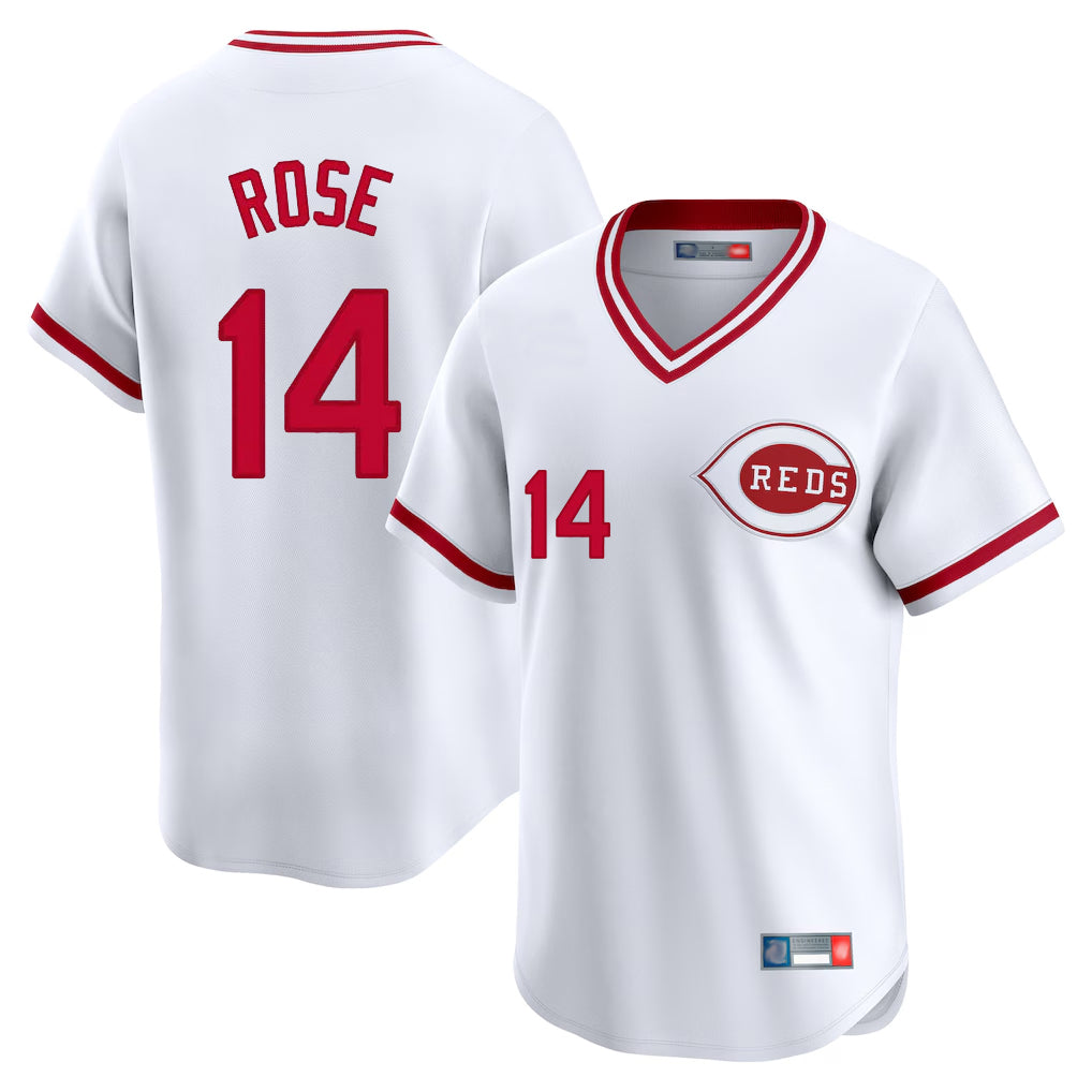 Johmsee C.Reds #14 Pete Rose Player White Cooperstown Collection Limited T-shirt Home Stitched Jerseys