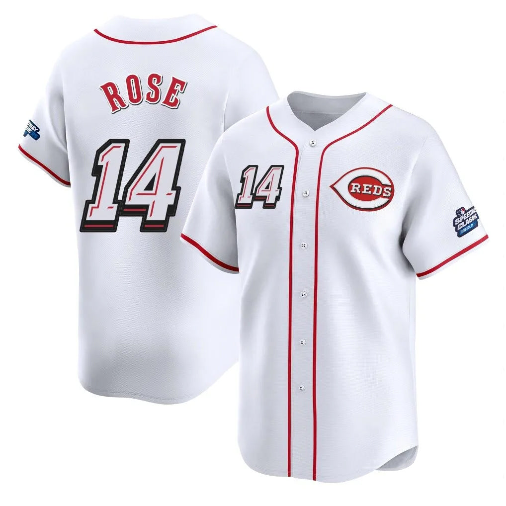 Johmsee C.Reds #14 Pete Rose Player White Speedway Classic Home Limited Stitched Jerseys