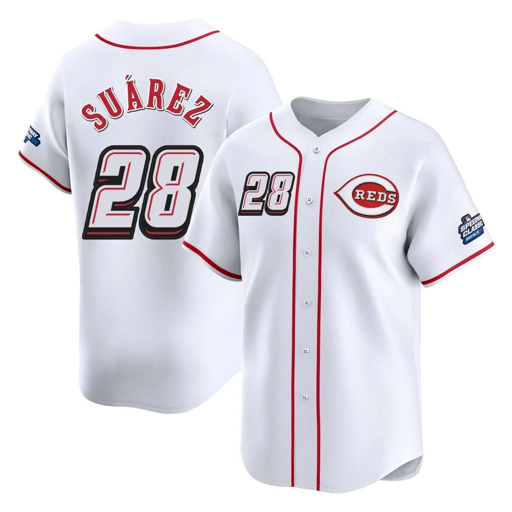 Johmsee C.Reds #28 Eugenio Suárez Player White Speedway Classic Home Limited Stitched Jerseys