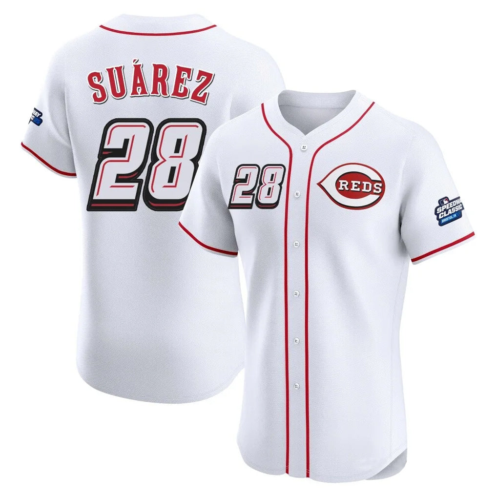 Johmsee C.Reds #28 Eugenio Suárez Player White Speedway Classic Limited Elite Home Stitched Jerseys