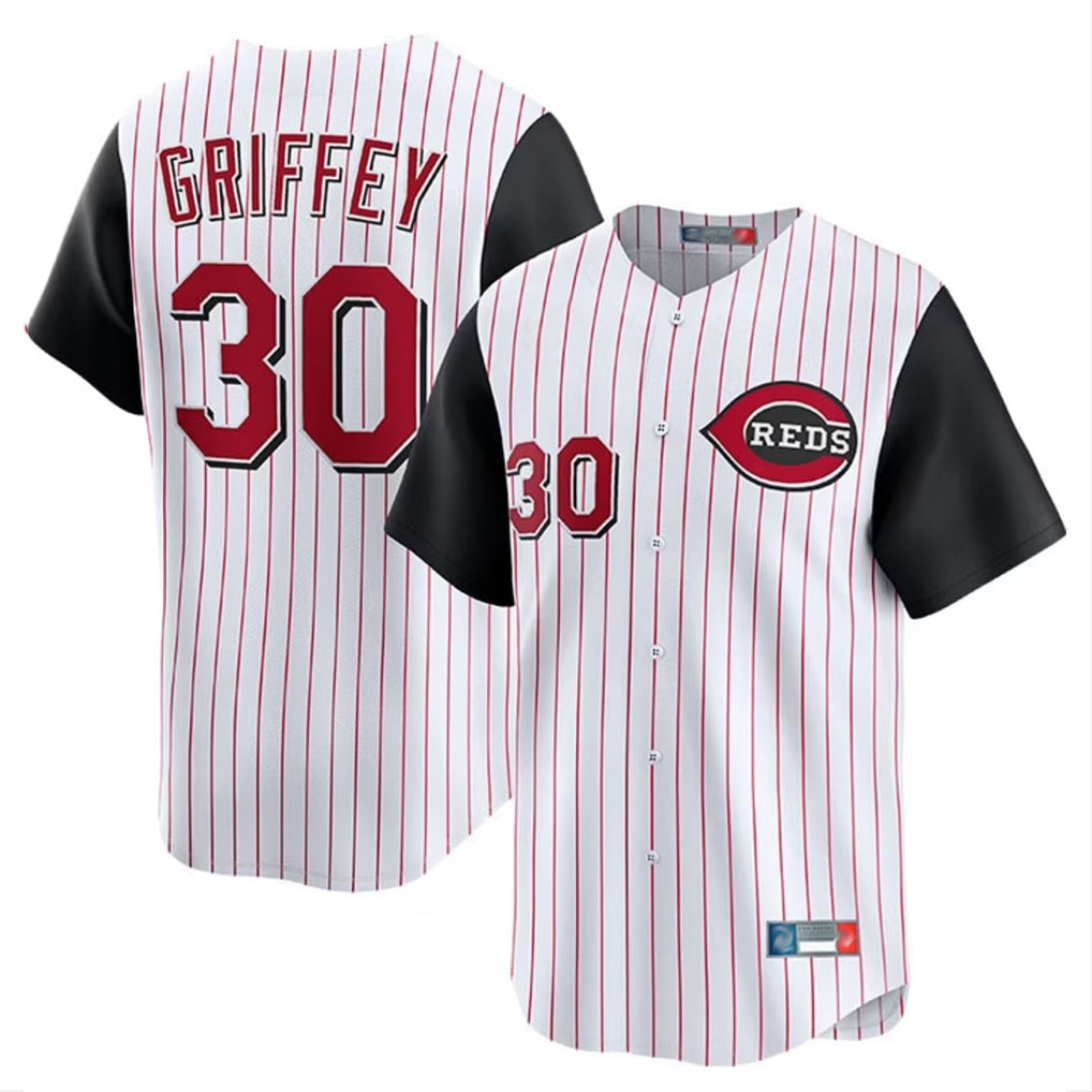 Johmsee C.Reds #30 Ken Griffey Player White Black Stripe Field of Dreams Game Home Stitched Jerseys