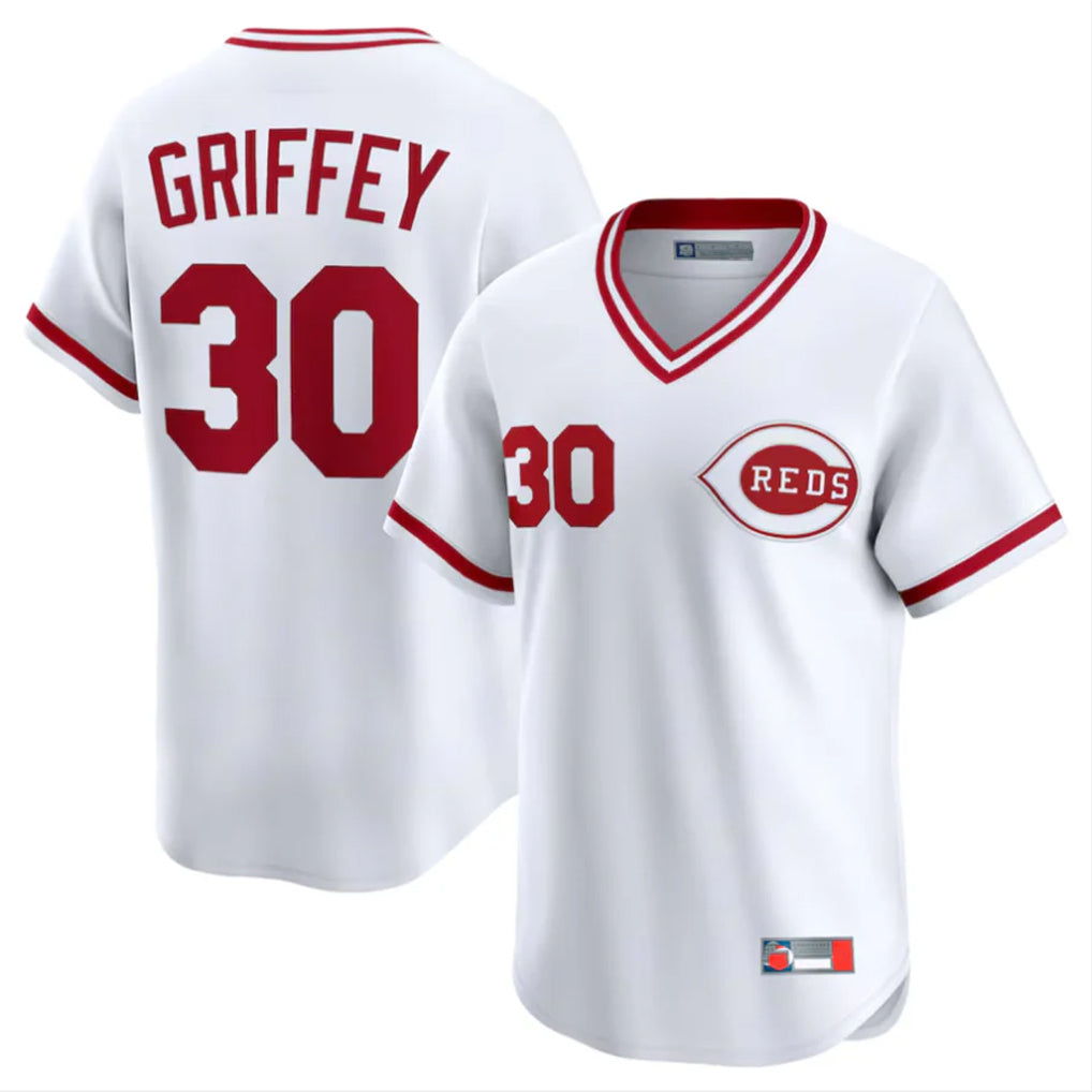 Johmsee C.Reds #30 Ken Griffey Player White Cooperstown Collection Limited T-shirt Home Stitched Jerseys