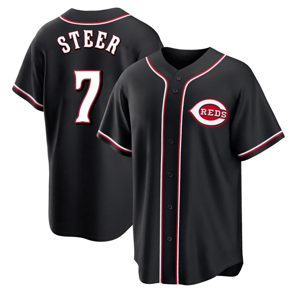 Johmsee C.Reds #7 Spencer Steer Player Black Fashion Out Home Game Stitched Jerseys