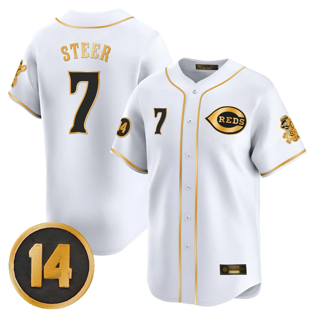 Johmsee C.Reds #7 Spencer Steer Player White-Gold Vapor Premier Limited Home Stitched Jerseys
