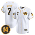 Johmsee C.Reds #7 Spencer Steer Player White-Gold Vapor Premier Limited Home Stitched Jerseys
