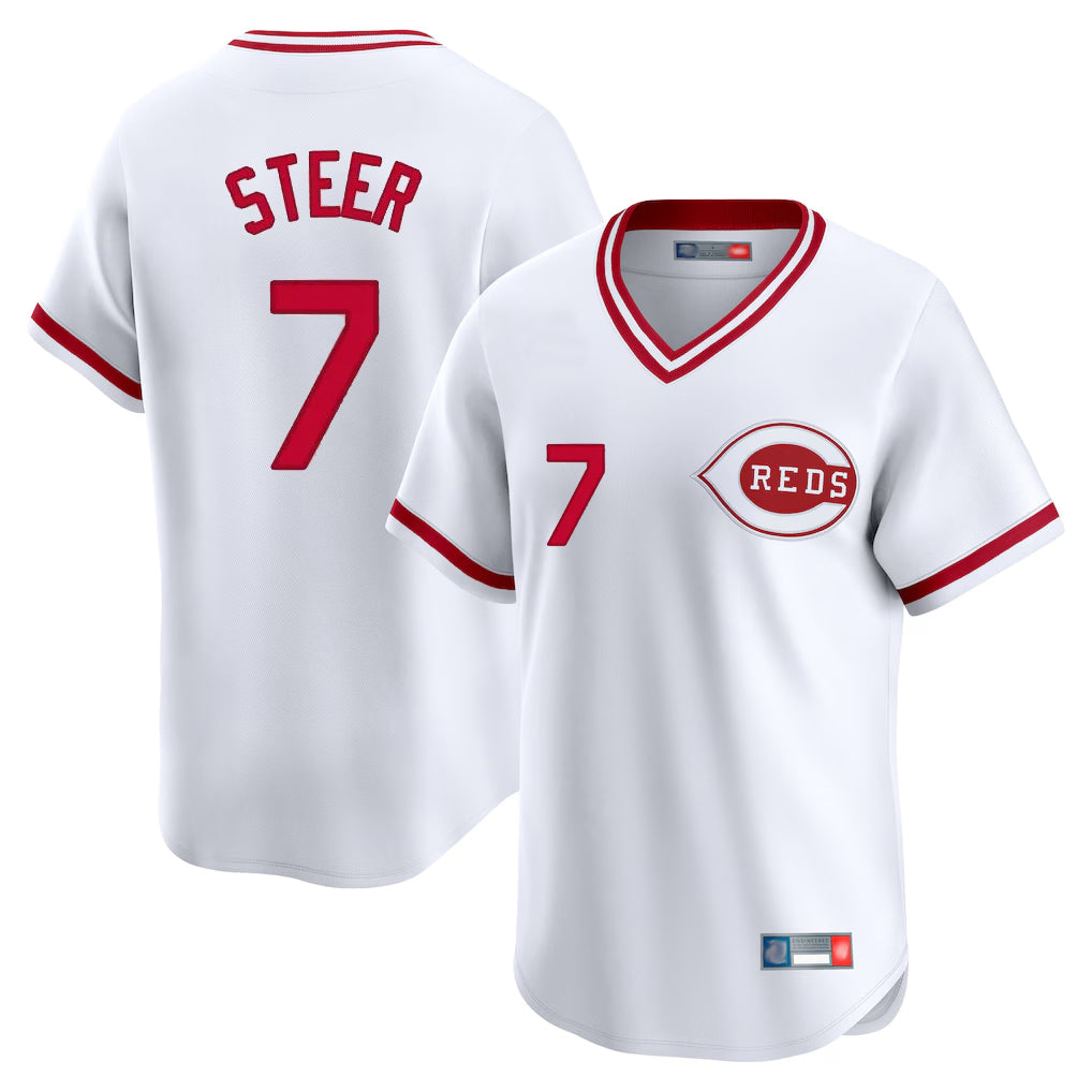 Johmsee C.Reds #7 Spencer Steer Player White Cooperstown Collection Limited T-shirt Home Stitched Jerseys