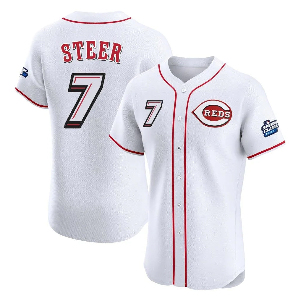 Johmsee C.Reds #7 Spencer Steer Player White Speedway Classic Limited Elite Home Stitched Jerseys