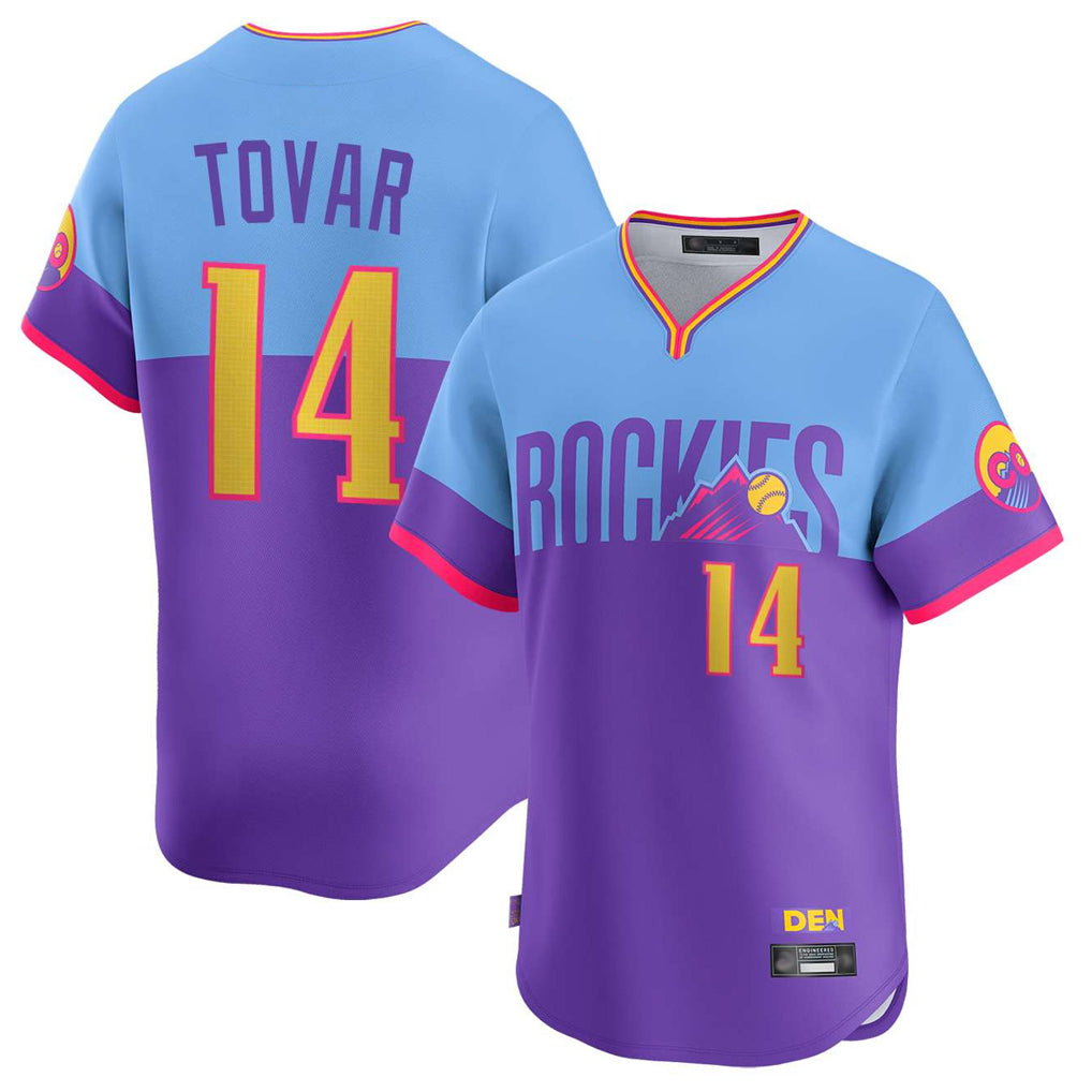 Johmsee C.Rockies #14 Ezequiel Tovar Player Purple-Light Blue City Connect Limited Home T-shirt Stitched Jerseys